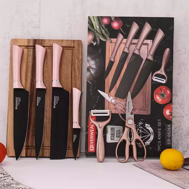 Hot bán hộp quà tặng 7 miếng đồ dùng nhà bếp thép không gỉ đen lưỡi dao đặt với cắt tấm 