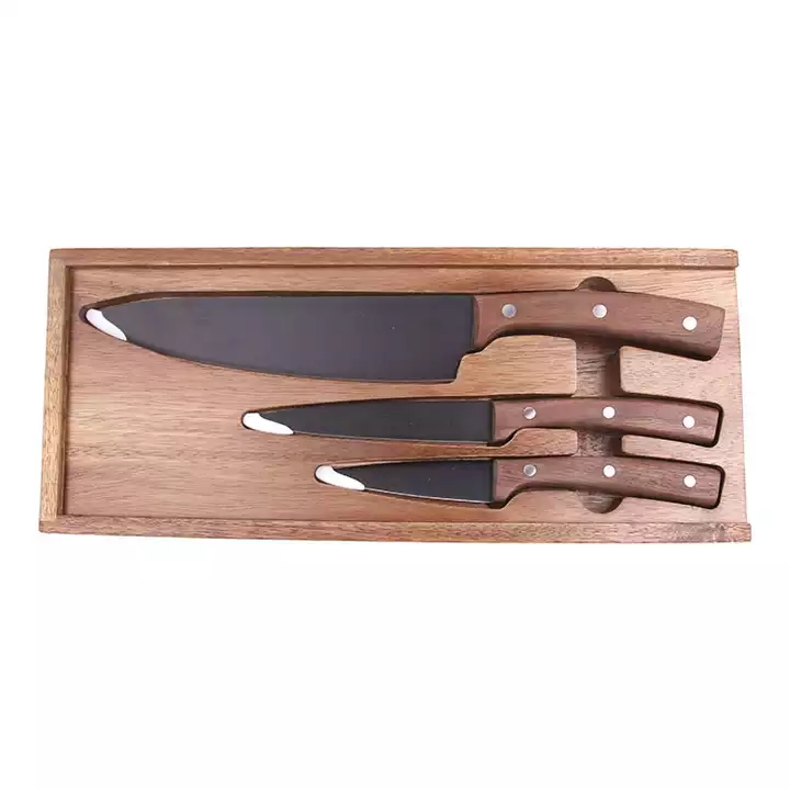 Bán nóng Thiết kế mới Đen Oxide Coated Kitchen Knife Chef Knife Set Walnut Xử lý 