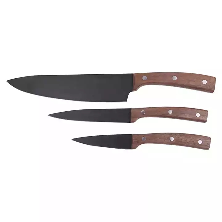 Bán nóng Thiết kế mới Đen Oxide Coated Kitchen Knife Chef Knife Set Walnut Xử lý 