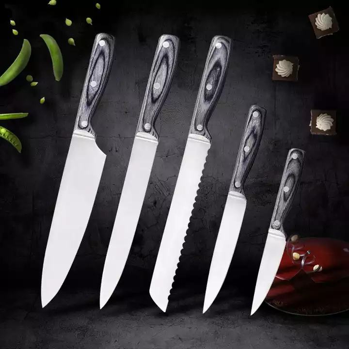 Bộ dao thép không gỉ tiêu chuẩn cao Bộ dao đầu bếp Bộ dao tiện ích với tay cầm gỗ Pakka 